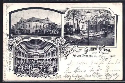 AK Dresden-Gruna, Gasthaus Zur Grünen Wiese, Innen- und Aussenansicht