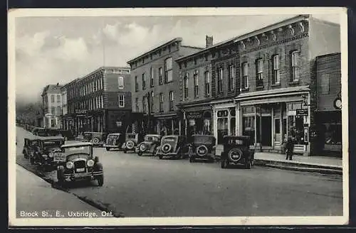 AK Uxbridge /Ont., Brock Street, East, different shops and automobiles