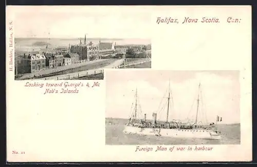AK Halifax /Nova Scotia, Looking towards George`s & Mc Nab`s Islands, foreign warship in harbour