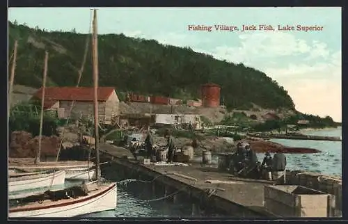 AK Lake Superior, Fishing village with fishing vessels and Jack fish on quay