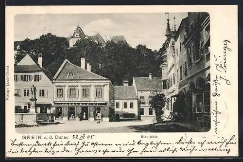 AK Grein a. d. Donau, Stadtplatz mit Gasthaus und Geschäften