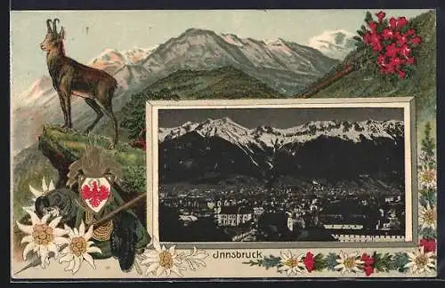 Präge-AK Innsbruck, Stadtpanorama im Passepartout mit Gämse und Edelweiss