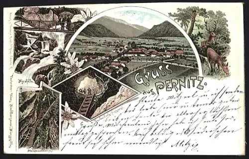 Lithographie Pernitz, Myrafälle, Steinwandklamm, Ausgang des Türkenlochs