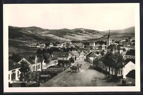AK Michelhausen /N. Oe., Ortsansicht mit Strasse, Kutsche und Bergpanorama