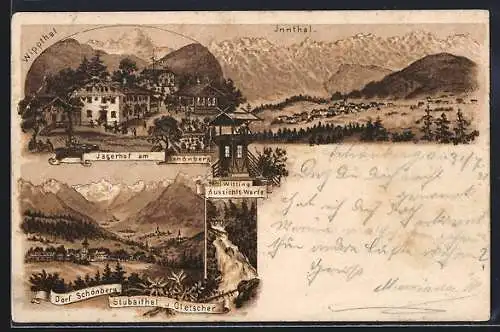 Lithographie Schönberg im Stubai, Gasthaus Jagerhof am Schönberg, Witting Aussichts-Warte