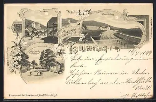 Lithographie Tullnerbach, Nagy`s Handlung und Försterhaus, Villa Pfann