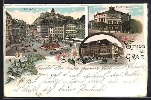 Lithographie Graz, Landes- und Stadt-Theater, Hauptplatz