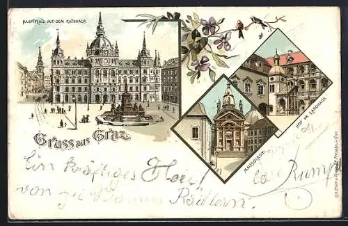 Lithographie Graz, Hauptplatz mit Rathaus, Mausoleum und Landhaus-Hof