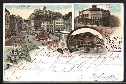 Lithographie Graz, Hauptplatz, Stadt-Theater, Landes-Theater
