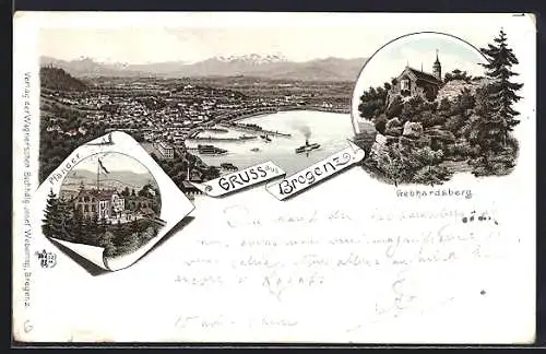 Lithographie Bregenz, Panorama, Gebhardsberg, Pfänder