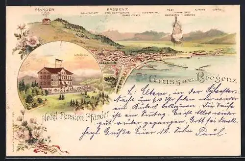 Lithographie Bregenz, Hotel-Pension Pfänder, Gesamtansicht mit Pfänder, Blumen