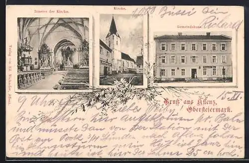 AK Aflenz /Obersteiermark, Gemeindehaus, Kirche mit Innerem, im Rahmen, Blumen