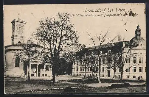 AK Inzersdorf bei Wien, Jubiläums-Volks- und Bürgerschule mit Kirche