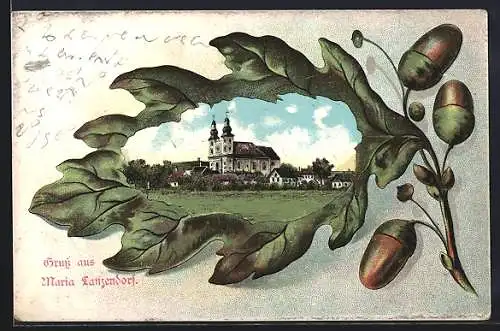 AK Maria Lanzendorf, Kirche der Ortschaft auf einem Eichenblatt