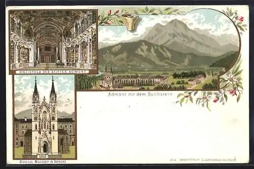 Lithographie Admont, Blasius-Münster, Bibliothek des Stiftes, Stift mit Buchstein