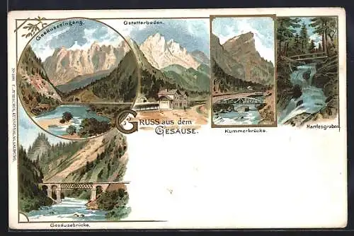 Lithographie Gesäuse, Gesäuseeingang, Gstatterboden, Kummerbrücke