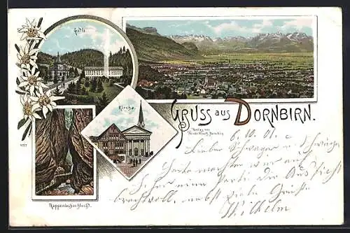 Lithographie Dornbirn, Totalansicht, Kirche & Rappenlochschlucht
