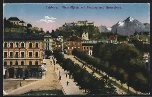 AK Salzburg, Mirabellplatz mit Festung u. Untersberg
