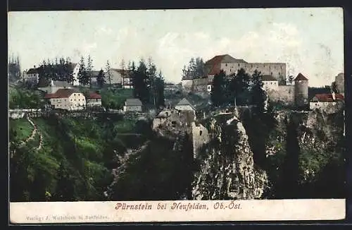 AK Pürnstein bei Neufelden, Ortsansicht mit Ruinenfelsen aus der Vogelschau