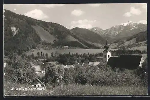 AK St. Gallen /Steiermark, Ortsansicht mit Bergpanorama