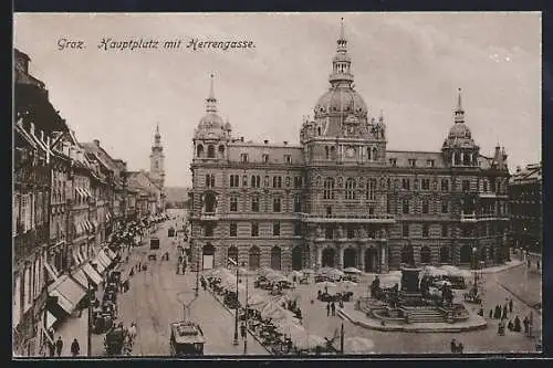 AK Graz, Hauptplatz mit Herrengasse u. Strassenbahnen aus der Vogelschau