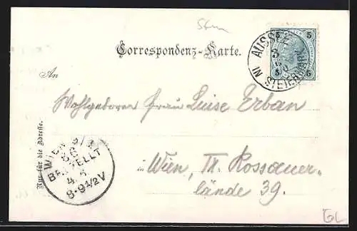 AK Aussee, Ortsansicht mit Kirche und Bergpanorama