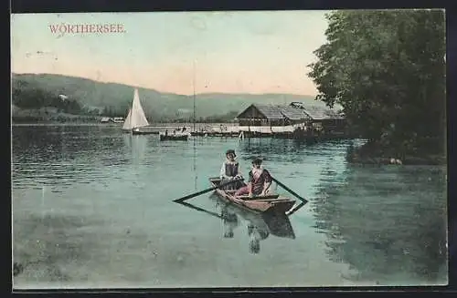 AK Wörthersee, Ruderpartie mit Blick auf Ufergebäude