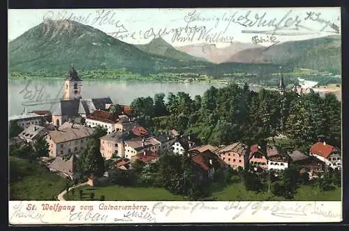 AK St. Wolfgang, Blick vom Calvarienberg auf Ortschaft und See