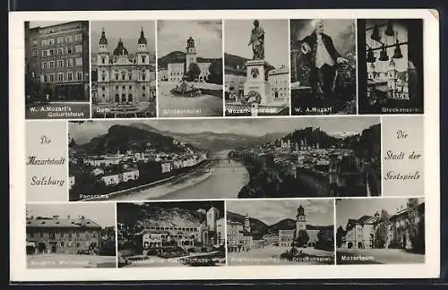 AK Salzburg, Panorama der Stadt, Mozart Denkmal, Glockenspiel, Dom, Mozarts Wohnhaus, Mozarteum