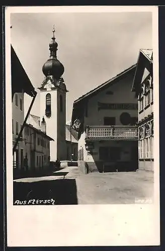 AK Flirsch, Ortspartie mit Gasthaus Zum Löwen und Kirche