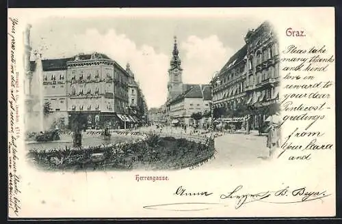 AK Graz, Herrengasse mit Geschäften & Brunnen