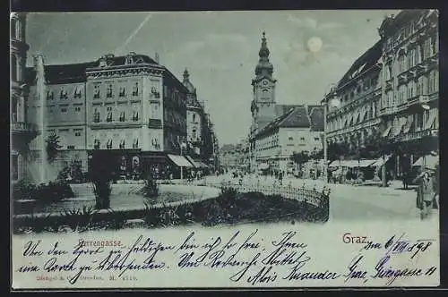 AK Graz, Herrengasse mit Geschäft und Brunnen
