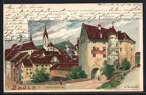 Lithographie Baden, Motiv vom Landvogteischloss