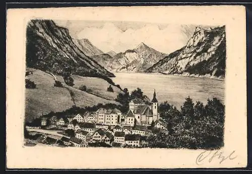 Künstler-AK Ebensee /O.-Ö., Teilansicht mit Kirche