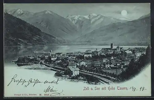 Mondschein-AK Zell a. See, Teilansicht und Hohe Tauern