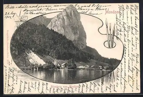 AK Mondsee, Häuser unterm Blomberg, Passepartout mit Maler-Palette