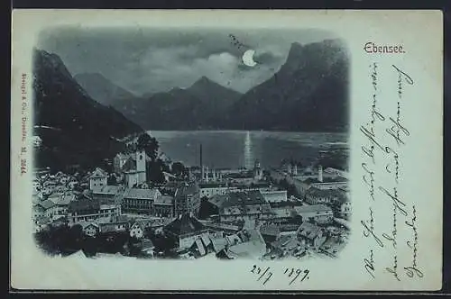 Mondschein-AK Ebensee, Teilansicht mit Kirche