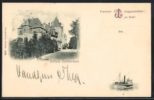 AK Gmunden, Schloss Cumberland, Dampfer auf dem Traunsee