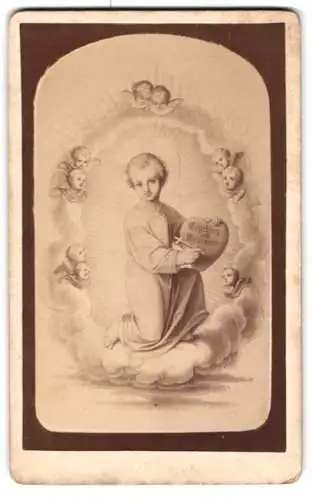 Fotografie unbekannter Fotograf und Ort, Gemälde: Darstellung eines knienden Kindes umgeben von Engeln