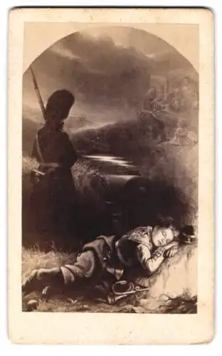 Fotografie unbekannter Fotograf und Ort, schlafendes Kind vor dramatischer Kulisse träumt vom Krieg