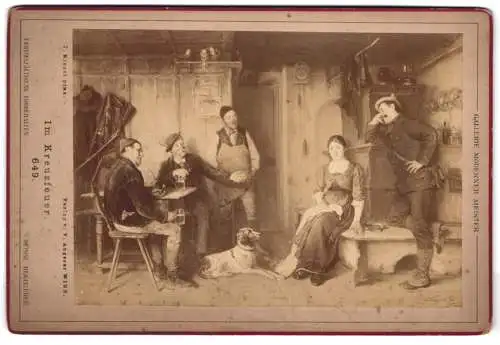 Fotografie V. Angerer, Wien, im Kreuzfeuer, Jäger mit Jagdhund beim Bier trinken