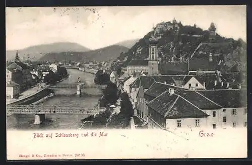 AK Graz, Blick auf Schlossberg und die Mur