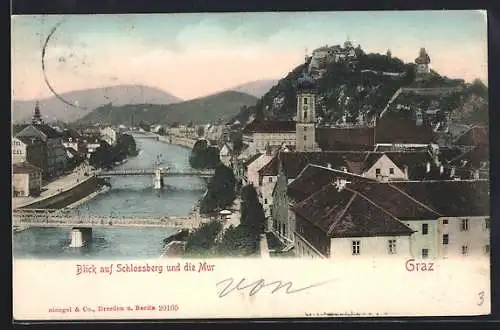 AK Graz, Blick auf Schlossberg und die Mur