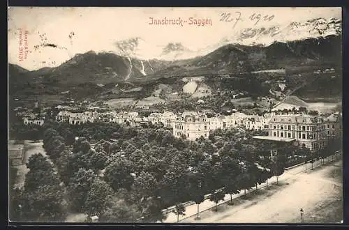 AK Innsbruck-Saggen, Ortspanorama mit Gebirge
