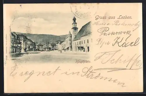 AK Leoben, Hauptplatz mit Denkmal