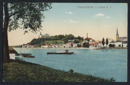 AK Ottensheim b. Linz, Uferpartie mit Kirche