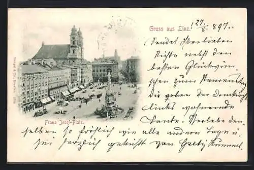 AK Linz, Franz Josef-Platz mit Kirche und Denkmal
