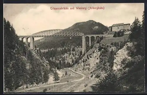 AK Strengen, Trisannabrücke der Arlbergbahn, Ansicht mit Wiesberg