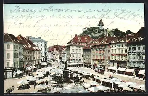 AK Graz, Hauptplatz mit Geschäften und Denkmal