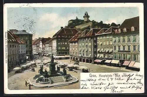 AK Graz, Hauptplatz mit Geschäften und Denkmal